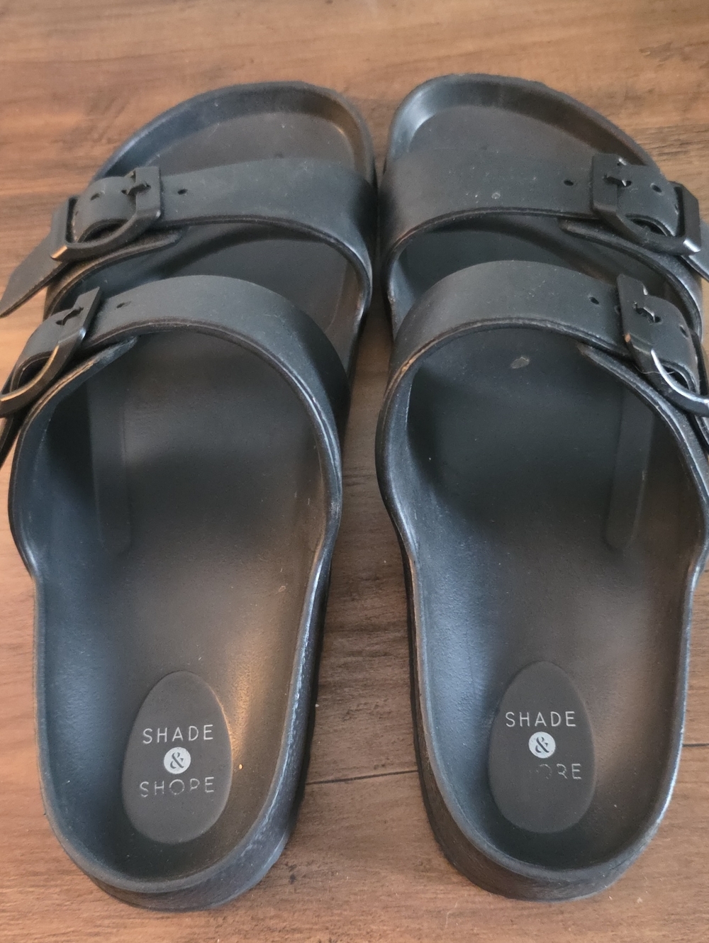 Shade & Shore Black Double-Strap Buckle Slide Sandals